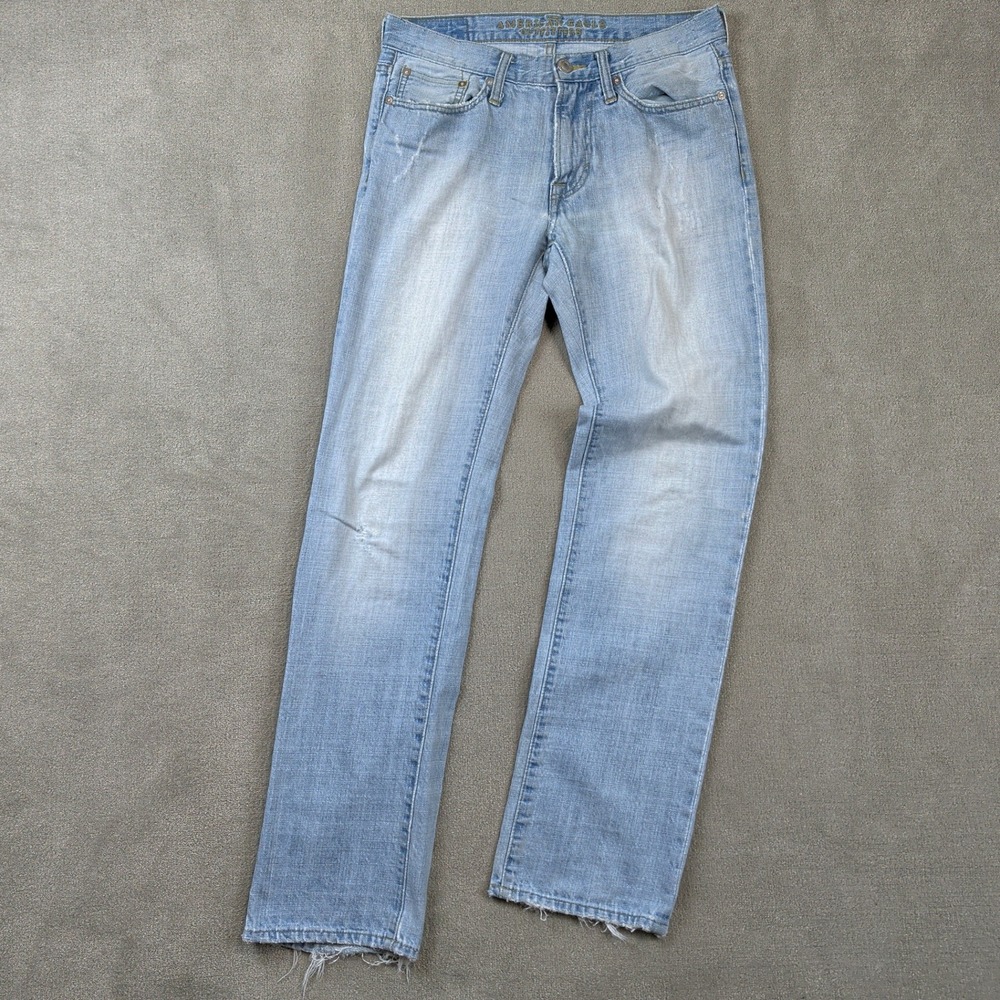 American Eagle Original Straight Jeans 29x32 Mens Light Wash Distressed Y2K Blue